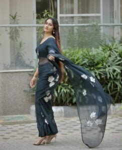 Handpainted black Georgette Saree - Image 2