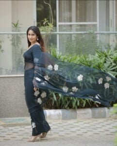Handpainted black Georgette Saree - Image 4