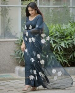 Handpainted black Georgette Saree - Image 3