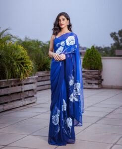 Electric Blue Handpainted Georgette Saree - Image 3