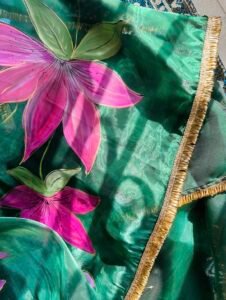 Emerald Green Handpainted Saree - Image 3