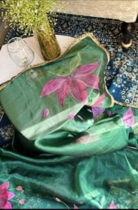 Emerald Green Handpainted Saree - Image 5