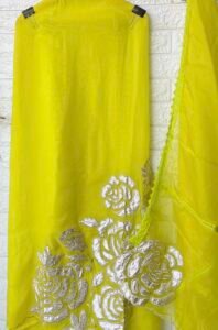 Neon green Organza silk unstiched suit - Image 4