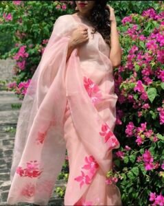 Peach hibiscus pure organza saree - Image 4
