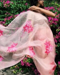 Peach hibiscus pure organza saree - Image 3