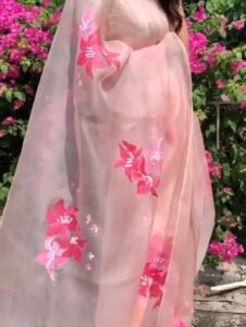 Peach hibiscus pure organza saree - Image 2